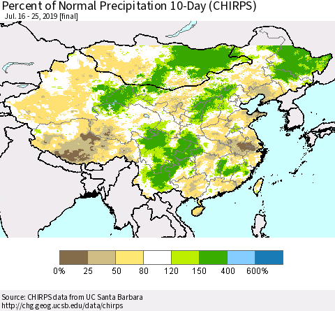 China and Taiwan Percent of Normal Precipitation 10-Day (CHIRPS) Thematic Map For 7/16/2019 - 7/25/2019