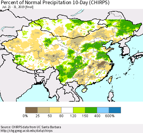 China, Mongolia and Taiwan Percent of Normal Precipitation 10-Day (CHIRPS) Thematic Map For 7/21/2019 - 7/31/2019
