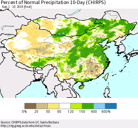 China and Taiwan Percent of Normal Precipitation 10-Day (CHIRPS) Thematic Map For 8/1/2019 - 8/10/2019