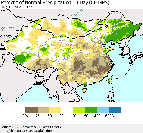 China and Taiwan Percent of Normal Precipitation 10-Day (CHIRPS) Thematic Map For 8/11/2019 - 8/20/2019