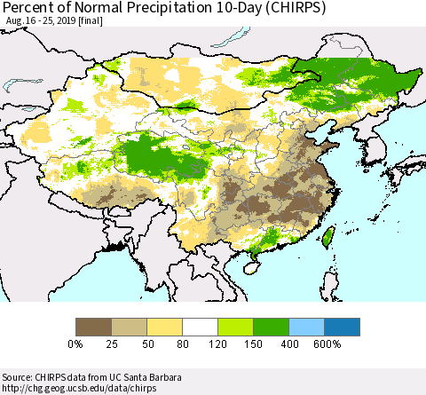 China and Taiwan Percent of Normal Precipitation 10-Day (CHIRPS) Thematic Map For 8/16/2019 - 8/25/2019
