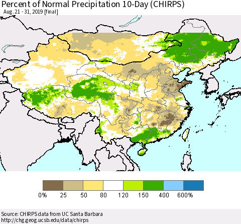 China, Mongolia and Taiwan Percent of Normal Precipitation 10-Day (CHIRPS) Thematic Map For 8/21/2019 - 8/31/2019