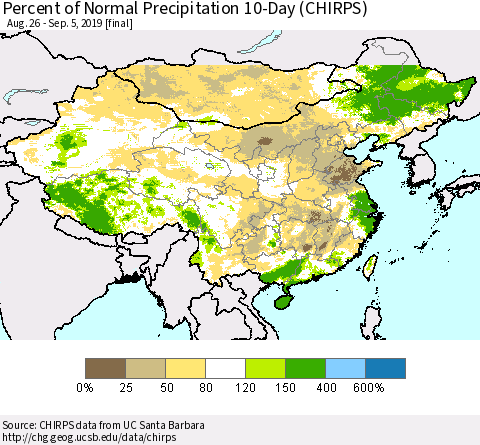 China and Taiwan Percent of Normal Precipitation 10-Day (CHIRPS) Thematic Map For 8/26/2019 - 9/5/2019