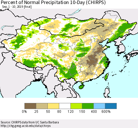 China and Taiwan Percent of Normal Precipitation 10-Day (CHIRPS) Thematic Map For 9/1/2019 - 9/10/2019