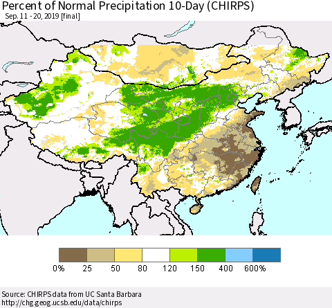 China and Taiwan Percent of Normal Precipitation 10-Day (CHIRPS) Thematic Map For 9/11/2019 - 9/20/2019