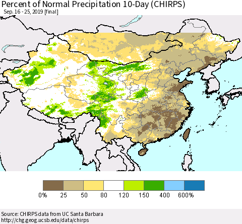 China and Taiwan Percent of Normal Precipitation 10-Day (CHIRPS) Thematic Map For 9/16/2019 - 9/25/2019