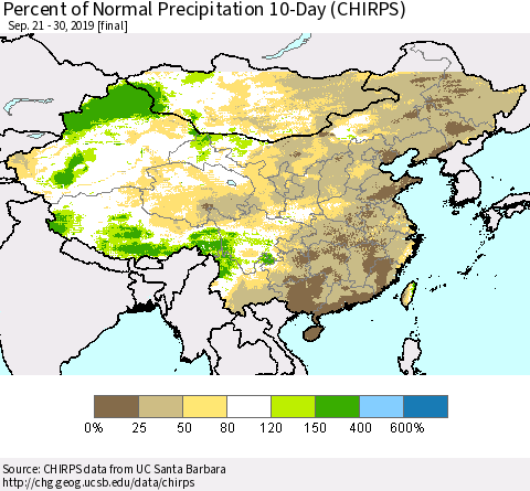China and Taiwan Percent of Normal Precipitation 10-Day (CHIRPS) Thematic Map For 9/21/2019 - 9/30/2019
