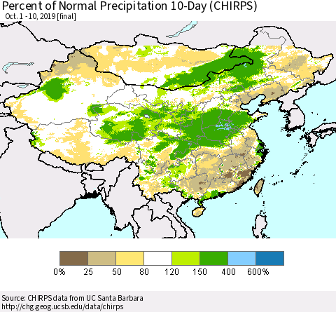 China, Mongolia and Taiwan Percent of Normal Precipitation 10-Day (CHIRPS) Thematic Map For 10/1/2019 - 10/10/2019