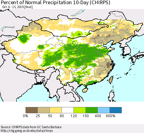 China and Taiwan Percent of Normal Precipitation 10-Day (CHIRPS) Thematic Map For 10/6/2019 - 10/15/2019