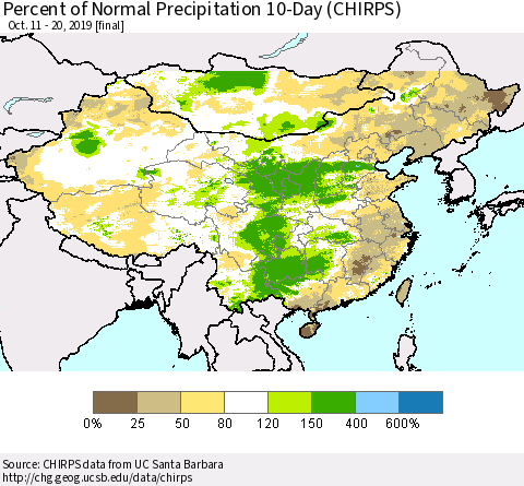 China and Taiwan Percent of Normal Precipitation 10-Day (CHIRPS) Thematic Map For 10/11/2019 - 10/20/2019