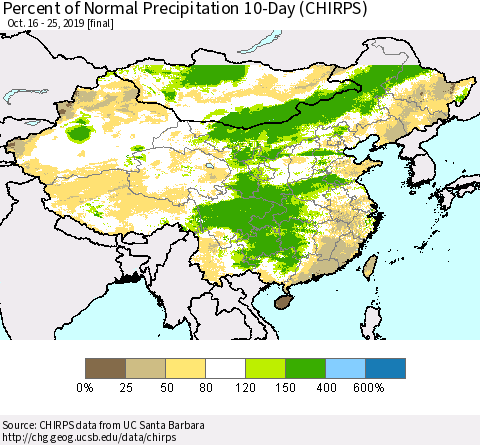 China and Taiwan Percent of Normal Precipitation 10-Day (CHIRPS) Thematic Map For 10/16/2019 - 10/25/2019
