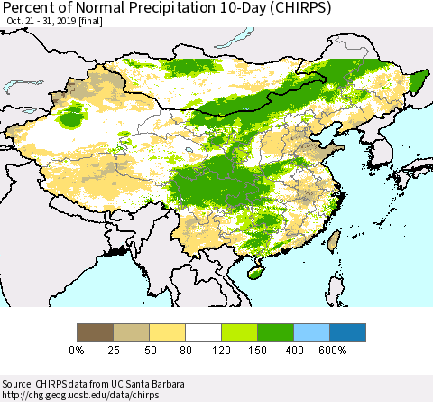 China, Mongolia and Taiwan Percent of Normal Precipitation 10-Day (CHIRPS) Thematic Map For 10/21/2019 - 10/31/2019