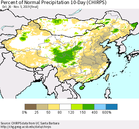 China and Taiwan Percent of Normal Precipitation 10-Day (CHIRPS) Thematic Map For 10/26/2019 - 11/5/2019