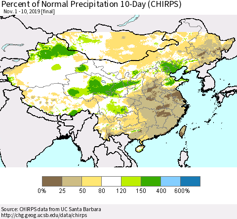 China, Mongolia and Taiwan Percent of Normal Precipitation 10-Day (CHIRPS) Thematic Map For 11/1/2019 - 11/10/2019