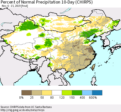 China, Mongolia and Taiwan Percent of Normal Precipitation 10-Day (CHIRPS) Thematic Map For 11/6/2019 - 11/15/2019