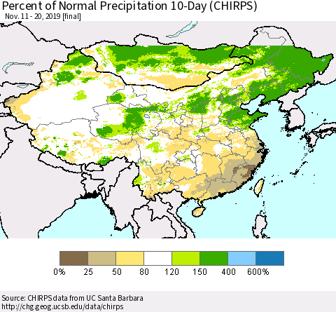 China, Mongolia and Taiwan Percent of Normal Precipitation 10-Day (CHIRPS) Thematic Map For 11/11/2019 - 11/20/2019