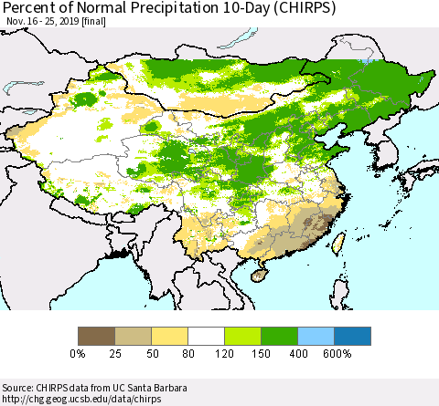 China, Mongolia and Taiwan Percent of Normal Precipitation 10-Day (CHIRPS) Thematic Map For 11/16/2019 - 11/25/2019