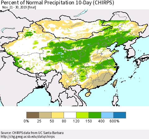 China, Mongolia and Taiwan Percent of Normal Precipitation 10-Day (CHIRPS) Thematic Map For 11/21/2019 - 11/30/2019