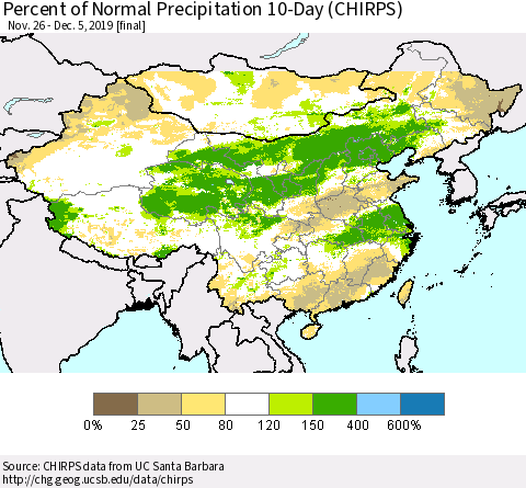 China, Mongolia and Taiwan Percent of Normal Precipitation 10-Day (CHIRPS) Thematic Map For 11/26/2019 - 12/5/2019
