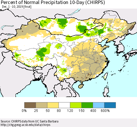 China, Mongolia and Taiwan Percent of Normal Precipitation 10-Day (CHIRPS) Thematic Map For 12/1/2019 - 12/10/2019