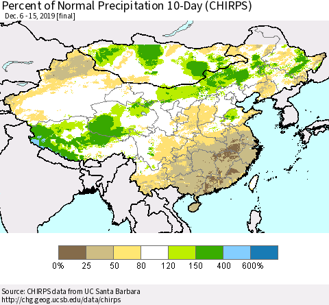 China, Mongolia and Taiwan Percent of Normal Precipitation 10-Day (CHIRPS) Thematic Map For 12/6/2019 - 12/15/2019