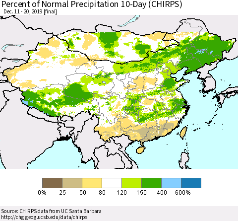 China, Mongolia and Taiwan Percent of Normal Precipitation 10-Day (CHIRPS) Thematic Map For 12/11/2019 - 12/20/2019