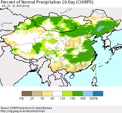 China, Mongolia and Taiwan Percent of Normal Precipitation 10-Day (CHIRPS) Thematic Map For 12/16/2019 - 12/25/2019