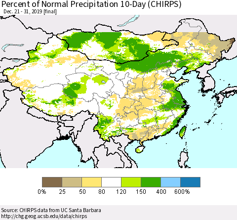 China, Mongolia and Taiwan Percent of Normal Precipitation 10-Day (CHIRPS) Thematic Map For 12/21/2019 - 12/31/2019