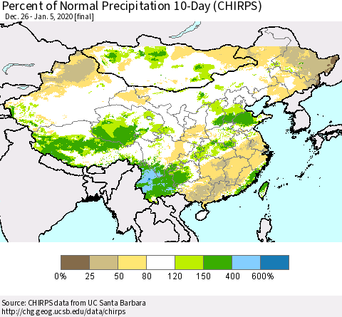 China, Mongolia and Taiwan Percent of Normal Precipitation 10-Day (CHIRPS) Thematic Map For 12/26/2019 - 1/5/2020