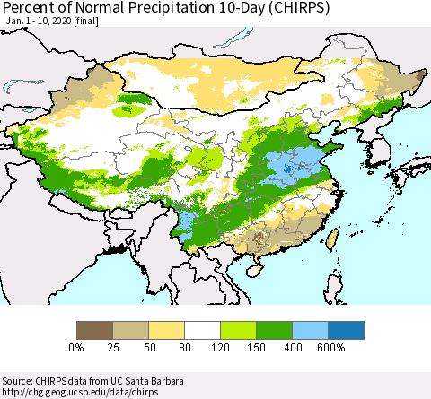 China, Mongolia and Taiwan Percent of Normal Precipitation 10-Day (CHIRPS) Thematic Map For 1/1/2020 - 1/10/2020