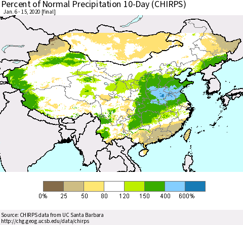 China, Mongolia and Taiwan Percent of Normal Precipitation 10-Day (CHIRPS) Thematic Map For 1/6/2020 - 1/15/2020
