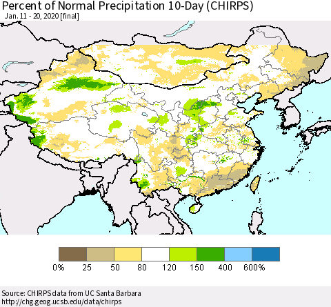 China, Mongolia and Taiwan Percent of Normal Precipitation 10-Day (CHIRPS) Thematic Map For 1/11/2020 - 1/20/2020