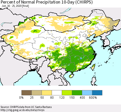 China, Mongolia and Taiwan Percent of Normal Precipitation 10-Day (CHIRPS) Thematic Map For 1/16/2020 - 1/25/2020