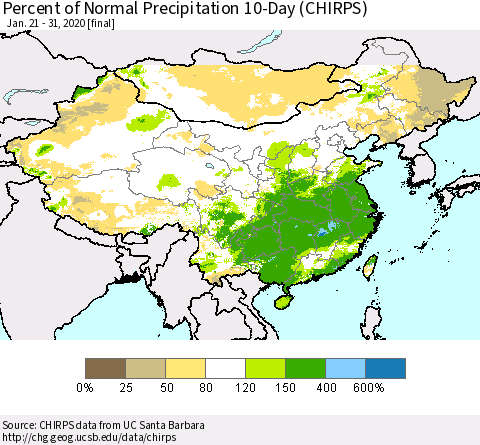 China, Mongolia and Taiwan Percent of Normal Precipitation 10-Day (CHIRPS) Thematic Map For 1/21/2020 - 1/31/2020