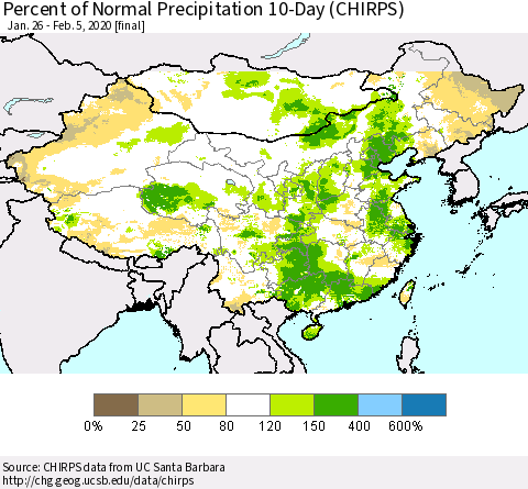 China, Mongolia and Taiwan Percent of Normal Precipitation 10-Day (CHIRPS) Thematic Map For 1/26/2020 - 2/5/2020