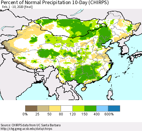 China, Mongolia and Taiwan Percent of Normal Precipitation 10-Day (CHIRPS) Thematic Map For 2/1/2020 - 2/10/2020