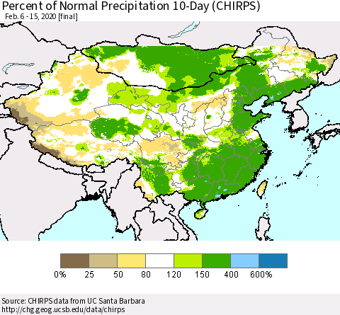 China, Mongolia and Taiwan Percent of Normal Precipitation 10-Day (CHIRPS) Thematic Map For 2/6/2020 - 2/15/2020