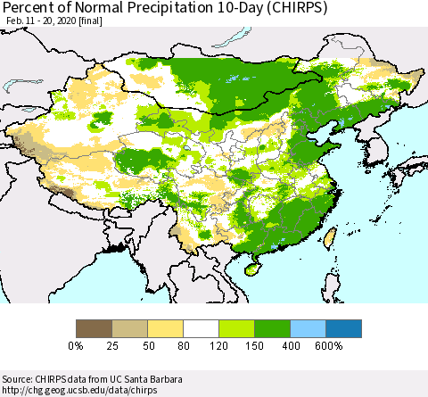 China, Mongolia and Taiwan Percent of Normal Precipitation 10-Day (CHIRPS) Thematic Map For 2/11/2020 - 2/20/2020