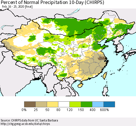China, Mongolia and Taiwan Percent of Normal Precipitation 10-Day (CHIRPS) Thematic Map For 2/16/2020 - 2/25/2020