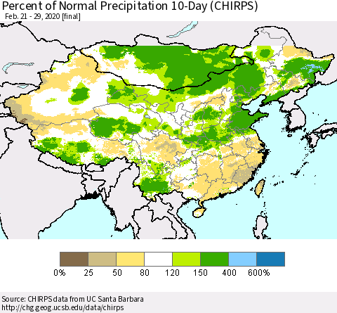 China, Mongolia and Taiwan Percent of Normal Precipitation 10-Day (CHIRPS) Thematic Map For 2/21/2020 - 2/29/2020