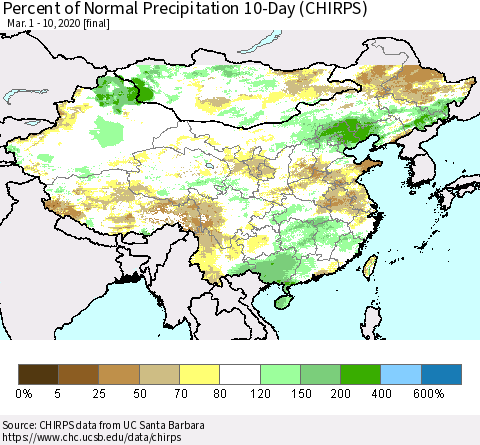 China, Mongolia and Taiwan Percent of Normal Precipitation 10-Day (CHIRPS) Thematic Map For 3/1/2020 - 3/10/2020