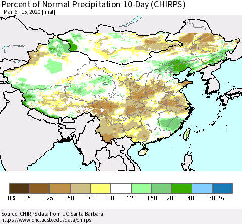 China, Mongolia and Taiwan Percent of Normal Precipitation 10-Day (CHIRPS) Thematic Map For 3/6/2020 - 3/15/2020