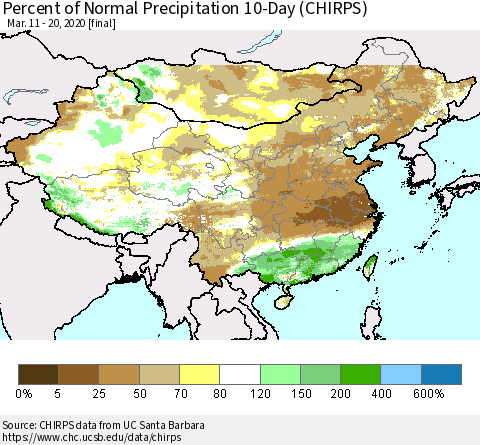 China, Mongolia and Taiwan Percent of Normal Precipitation 10-Day (CHIRPS) Thematic Map For 3/11/2020 - 3/20/2020
