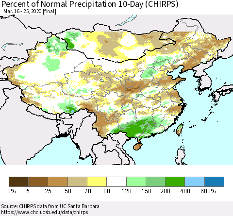 China, Mongolia and Taiwan Percent of Normal Precipitation 10-Day (CHIRPS) Thematic Map For 3/16/2020 - 3/25/2020