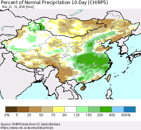 China, Mongolia and Taiwan Percent of Normal Precipitation 10-Day (CHIRPS) Thematic Map For 3/21/2020 - 3/31/2020