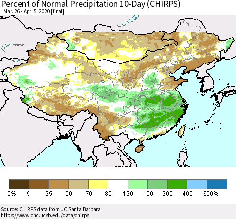 China, Mongolia and Taiwan Percent of Normal Precipitation 10-Day (CHIRPS) Thematic Map For 3/26/2020 - 4/5/2020