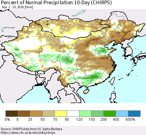 China, Mongolia and Taiwan Percent of Normal Precipitation 10-Day (CHIRPS) Thematic Map For 4/1/2020 - 4/10/2020