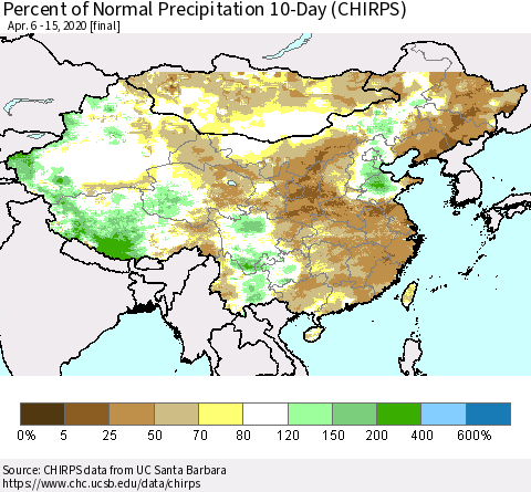China, Mongolia and Taiwan Percent of Normal Precipitation 10-Day (CHIRPS) Thematic Map For 4/6/2020 - 4/15/2020