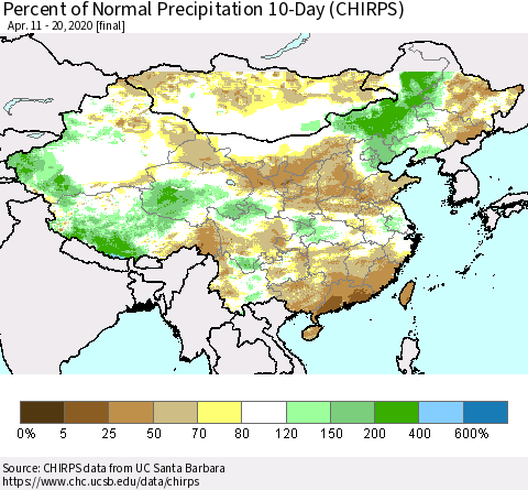 China, Mongolia and Taiwan Percent of Normal Precipitation 10-Day (CHIRPS) Thematic Map For 4/11/2020 - 4/20/2020