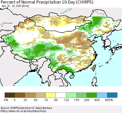 China, Mongolia and Taiwan Percent of Normal Precipitation 10-Day (CHIRPS) Thematic Map For 4/16/2020 - 4/25/2020